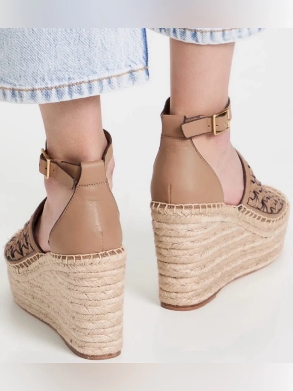 Tory Burch Almond Basketweave Leather Espadrille Wedge Sandals Ankle Strap 9.5